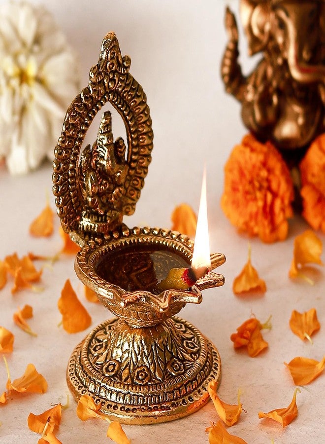 كلاسيك معدن كلاسيكي عتيق Ganeshaji Idols Diya مطلي بالذهب لمصباح زيت المعبد للمنزل والمكتب وغرفة بوجا، ديكور ديوالي 5 باتي ديا | (عبوة من 1، ذهبي) - Image 3